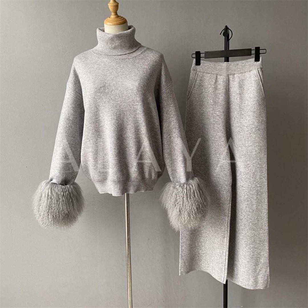 Mongolian Fur Cuff Loungewear Set