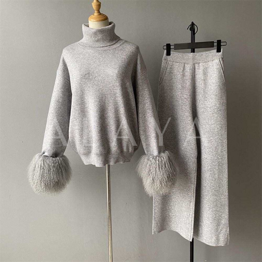 Mongolian Fur Cuff Loungewear Set